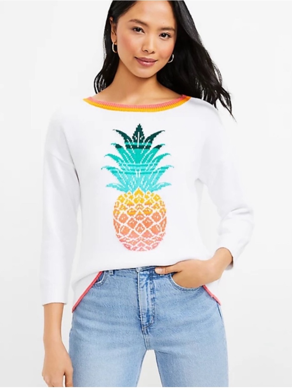 Loft Pineapple Motif Round Neck Slouchy Sweater, 100% Cotton, M, 22” PTP, 22” L